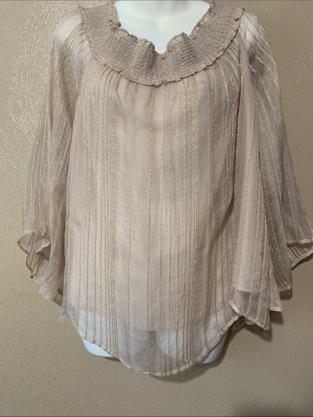 American Eagle Outfitters size XL Sheer Ruffle-Neck Blouse Gold Metallic NWT